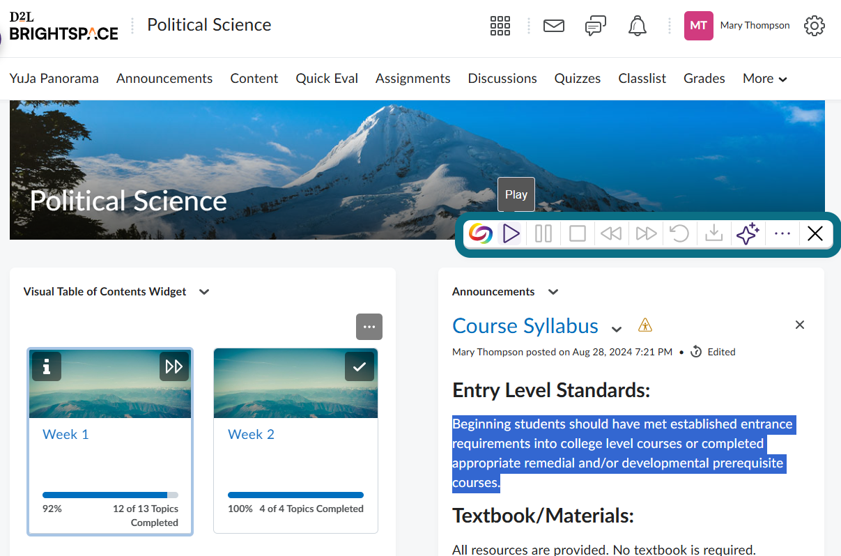 Vue de l'utilisation de SmartSpeaker dans D2L, avec le bouton Lecture mis en évidence.