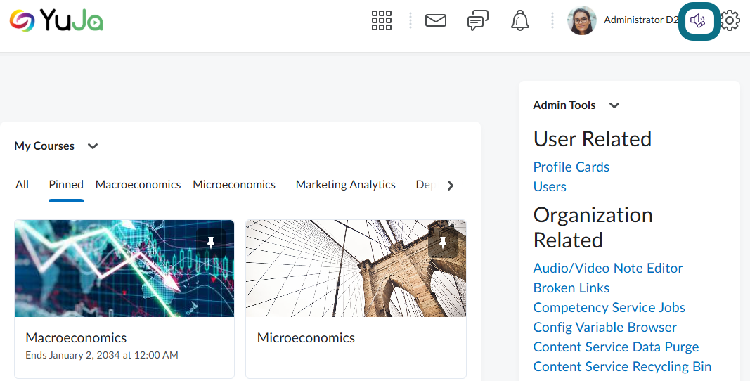 Vue du panneau latéral dans D2L, avec le widget AudioName mis en évidence à côté du nom d'utilisateur.