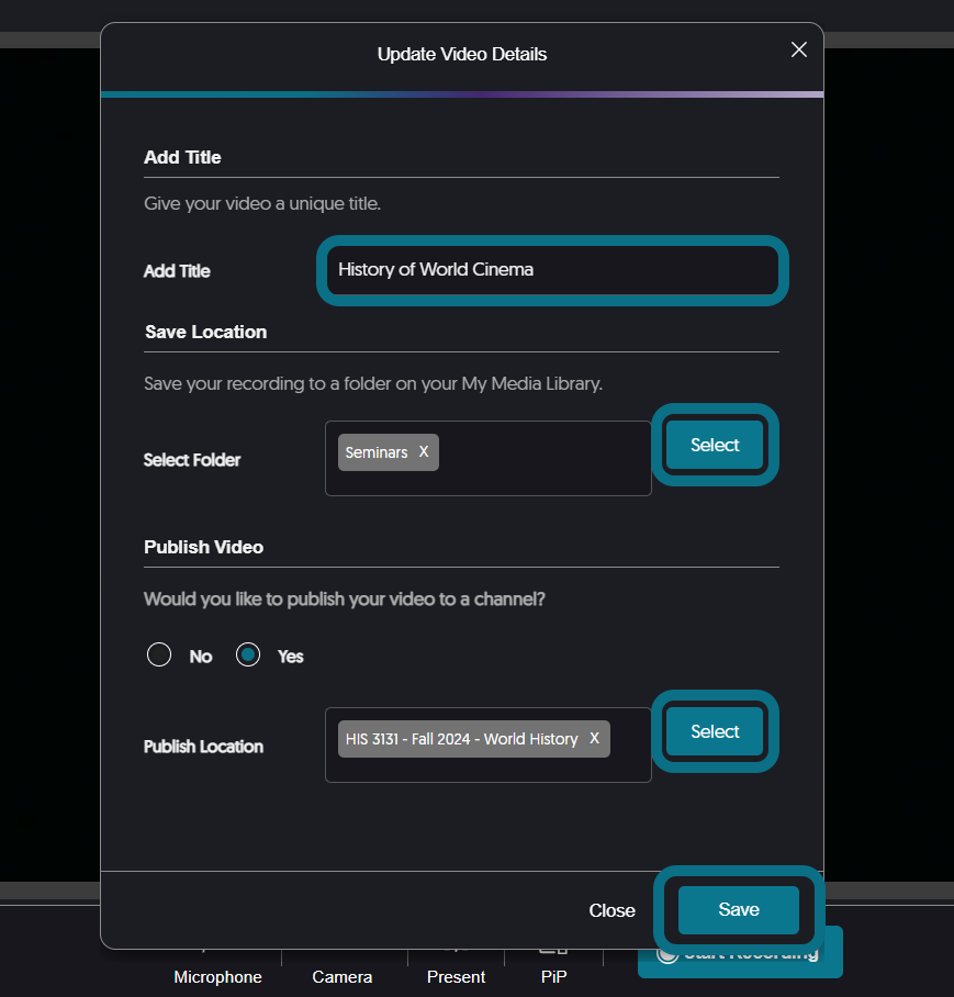 Image montrant la fenêtre Mettre à jour les détails de la vidéo dans Browser Capture Studio.