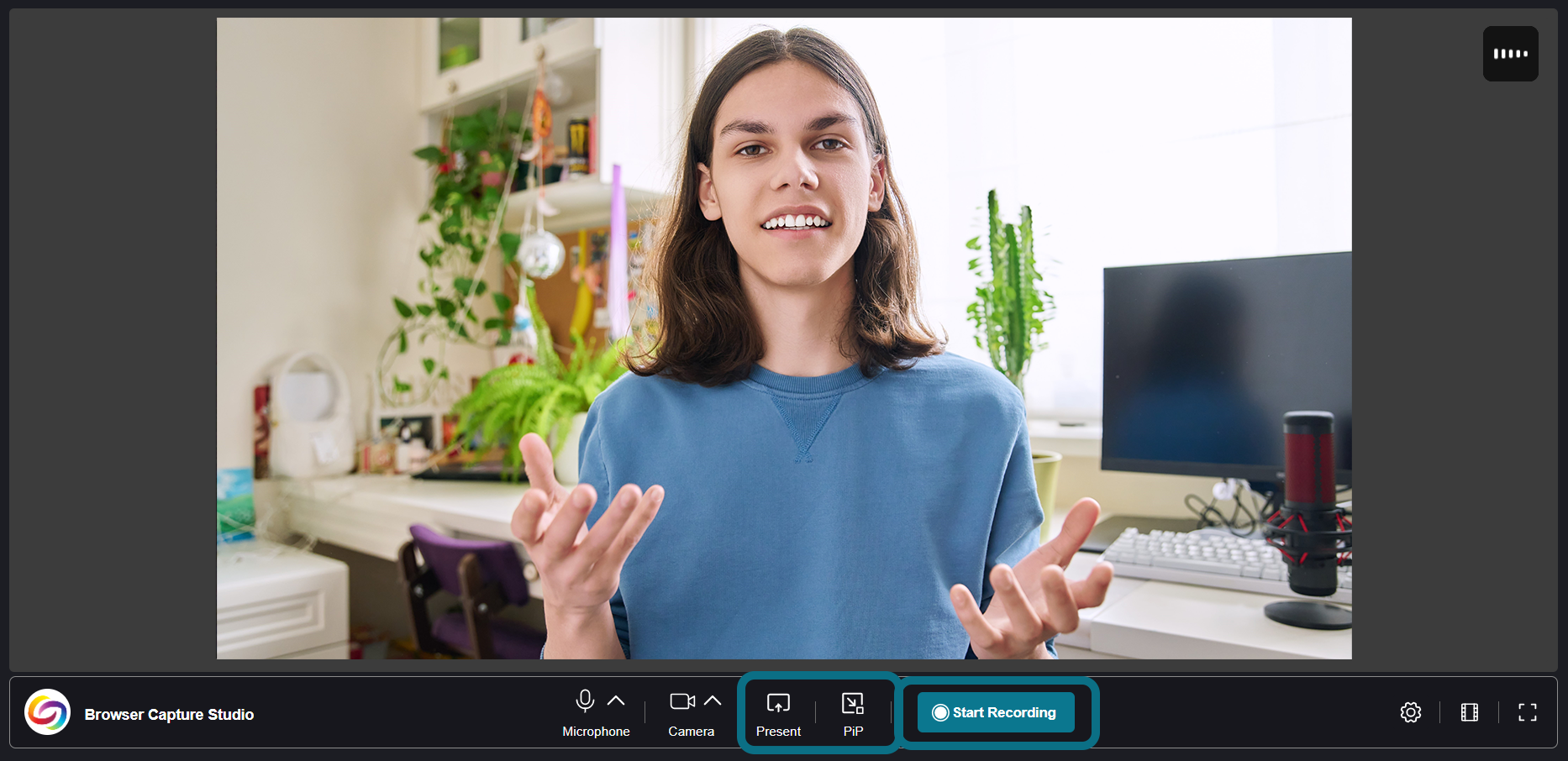 Image montrant Browser Capture Studio avec les boutons Présent, PiP et Commencer l'enregistrement mis en évidence.