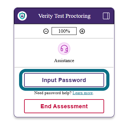 Image de la fenêtre de surveillance d'examens Verity mettant en évidence le bouton Saisir le mot de passe.