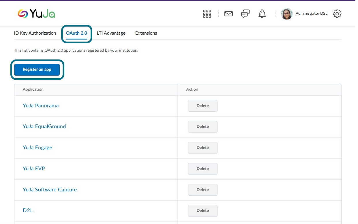 Le bouton Enregistrer une application dans l'onglet OAuth 2.0.