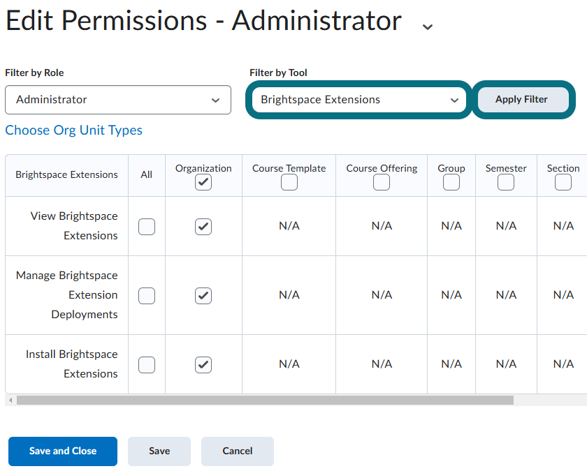 Vue de la page Modifier les autorisations mettant en évidence l'option Filtrer par outil et le bouton Appliquer le filtre.