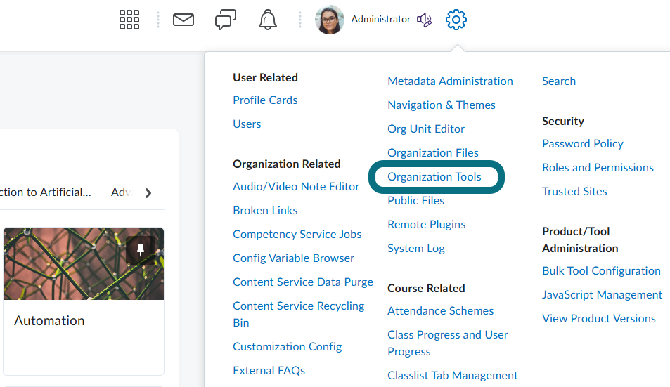 Vue de la page d'accueil de D2L Brightspace mettant en évidence le bouton Outils de l'organisation.