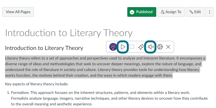 Image d'une page mettant en évidence le bouton de lecture du widget SmartSpeaker.