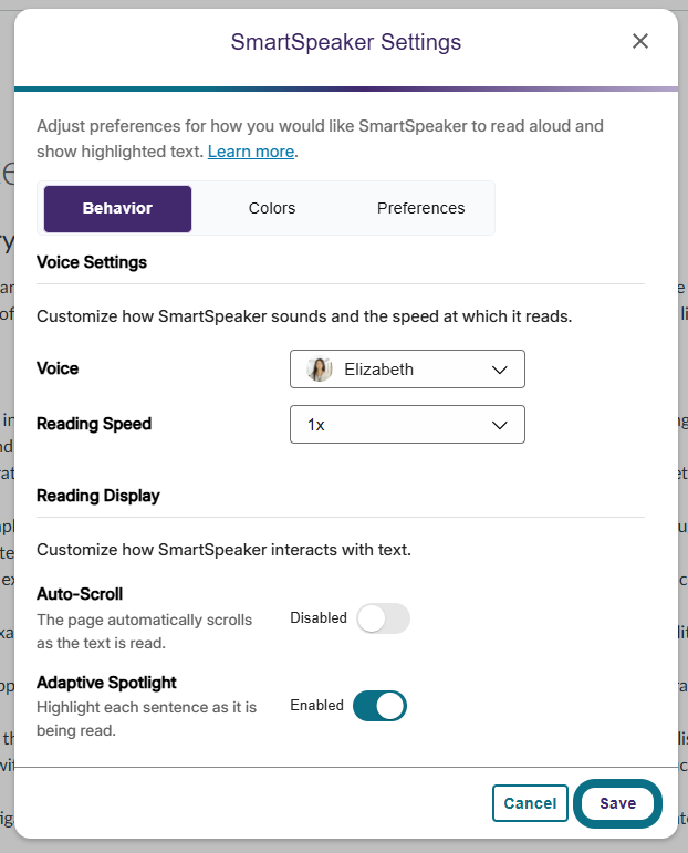 Image de la fenêtre des paramètres de SmartSpeaker.