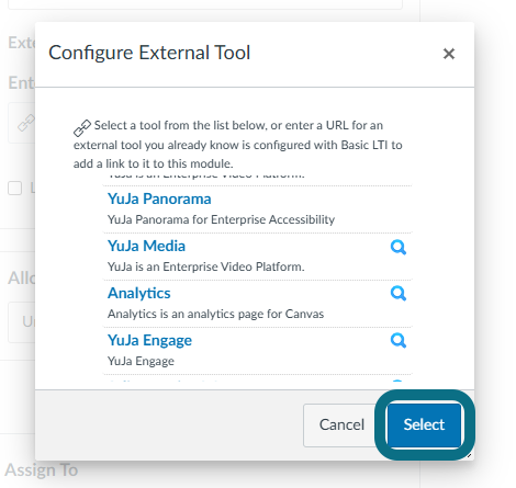 Image de la fenêtre Configurer l'outil externe dans la page de création de devoir de Canvas mettant en évidence le bouton Sélectionner.
