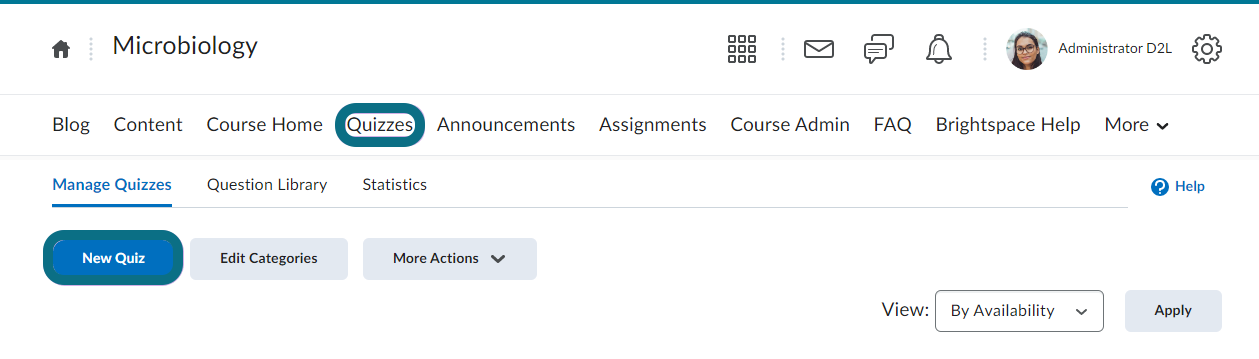 Page Quiz de D2L avec le bouton Nouveau quiz en surbrillance.