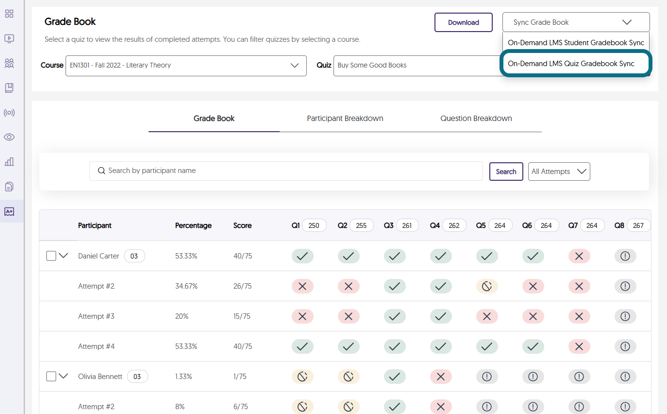 Image de la page Bulletin de notes mettant en évidence l'option Synchroniser le carnet de notes, l'option Quiz LMS à la demande - Synchronisation du carnet de notes et la sélection de l'étudiant.