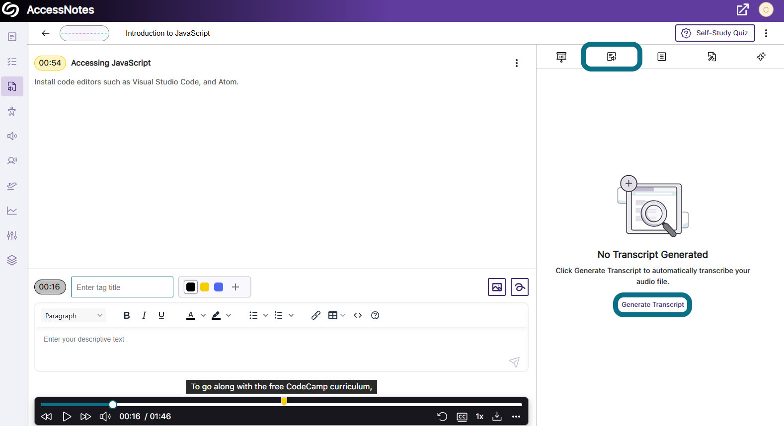 La page AccessNotes dans Panorama, avec le bouton Transcription du panneau latéral et le bouton Générer la transcription mis en évidence