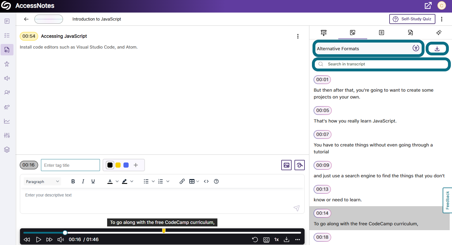 La page AccessNotes dans Panorama, avec le champ Formats alternatifs, le bouton Télécharger et le champ Rechercher dans la transcription mis en évidence dans le panneau latéral Transcription.