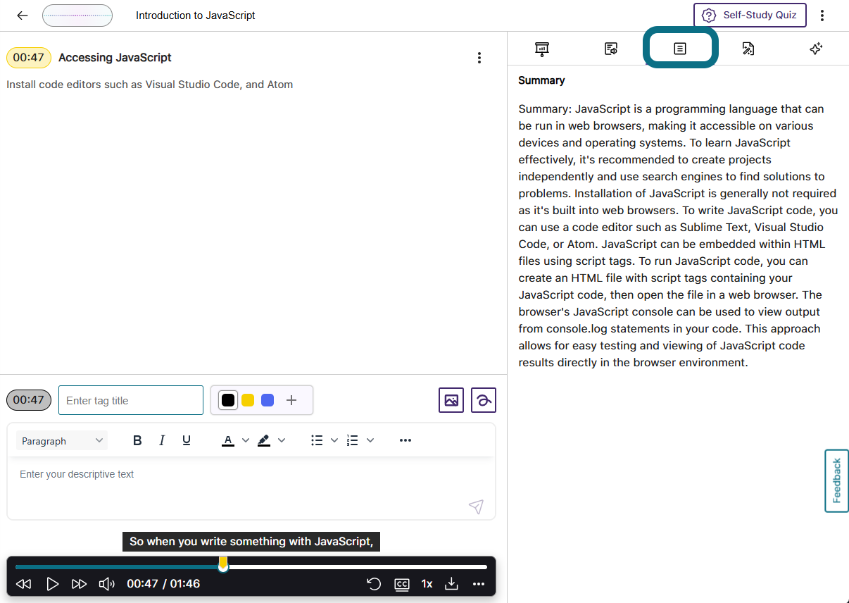 La page AccessNotes dans Panorama, avec l'icône Résumé du panneau latéral mise en évidence.