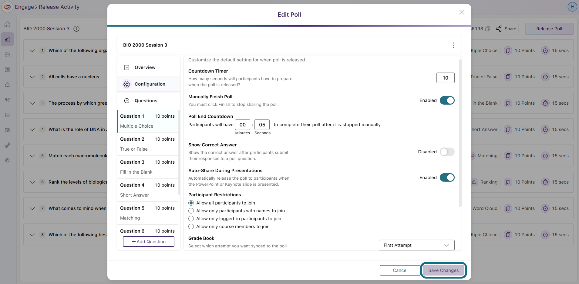 Enregistrer les changements du sondage dans Engage