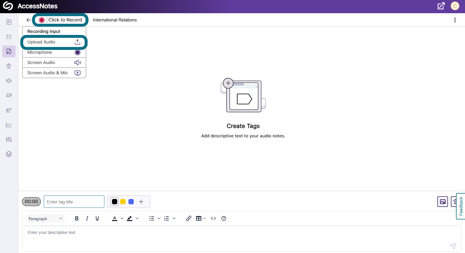La page AccessNotes dans Panorama, où le bouton Cliquez pour enregistrer et le bouton Téléverser l'audio sont mis en évidence.