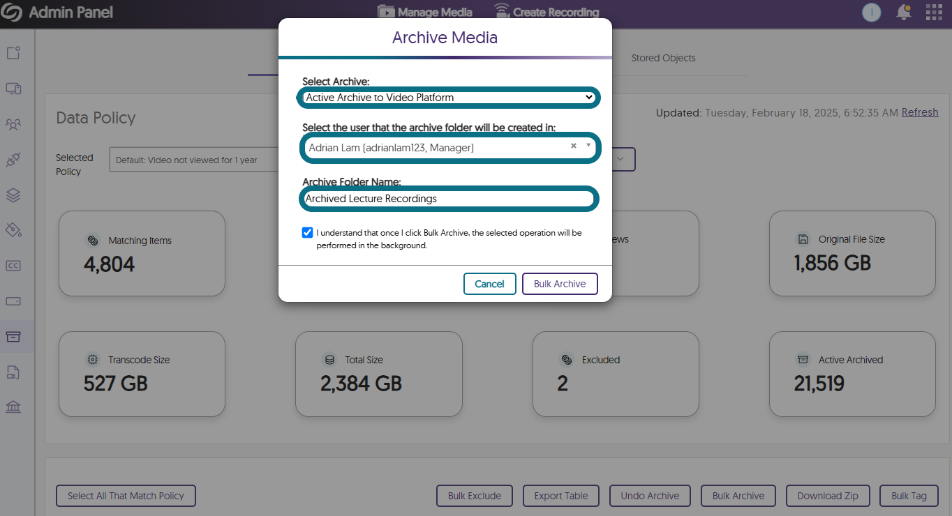 Image de la fenêtre Archiver les médias mettant en évidence les options d'archivage.