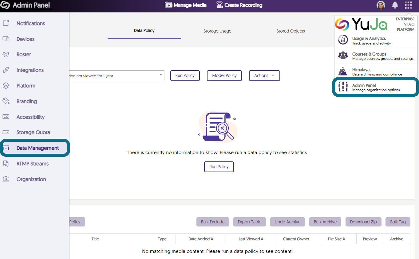 Image montrant la navigation vers le Panneau d'admin et Gestion des données dans la plateforme vidéo YuJa.