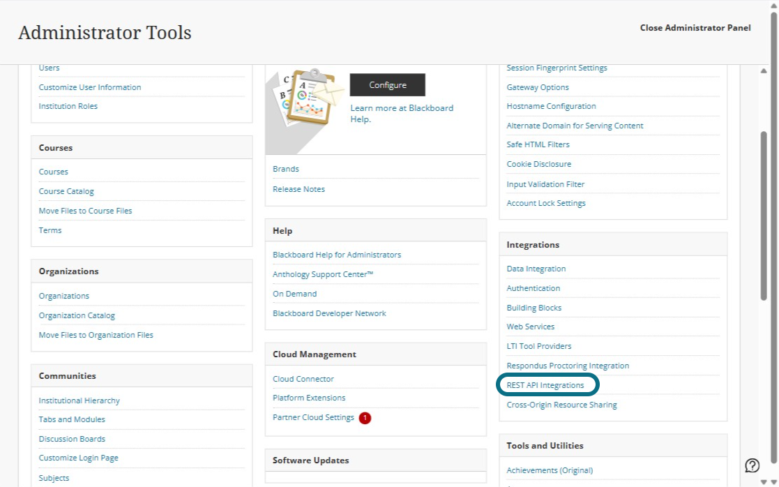 Intégrations d'API REST est sélectionné dans la page Outils de l'administrateur.