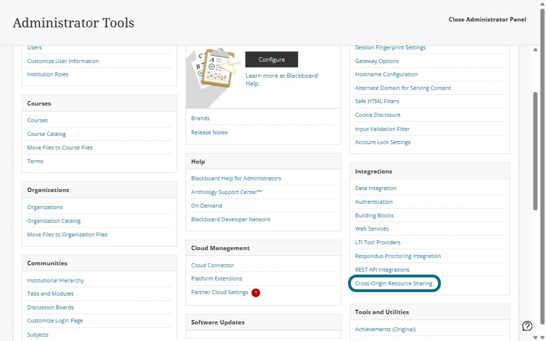 Partage de ressources entre origines multiples est sélectionné dans la page Outils de l'administrateur.