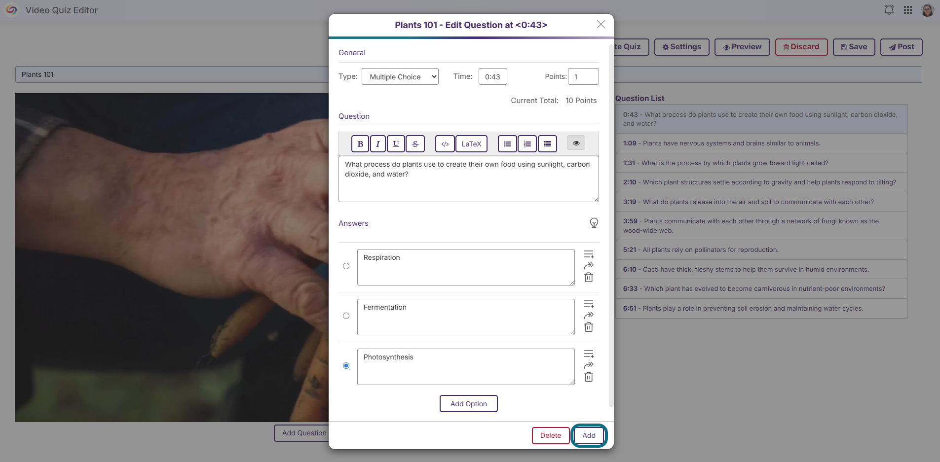 Plateforme vidéo : ajouter la question du quiz