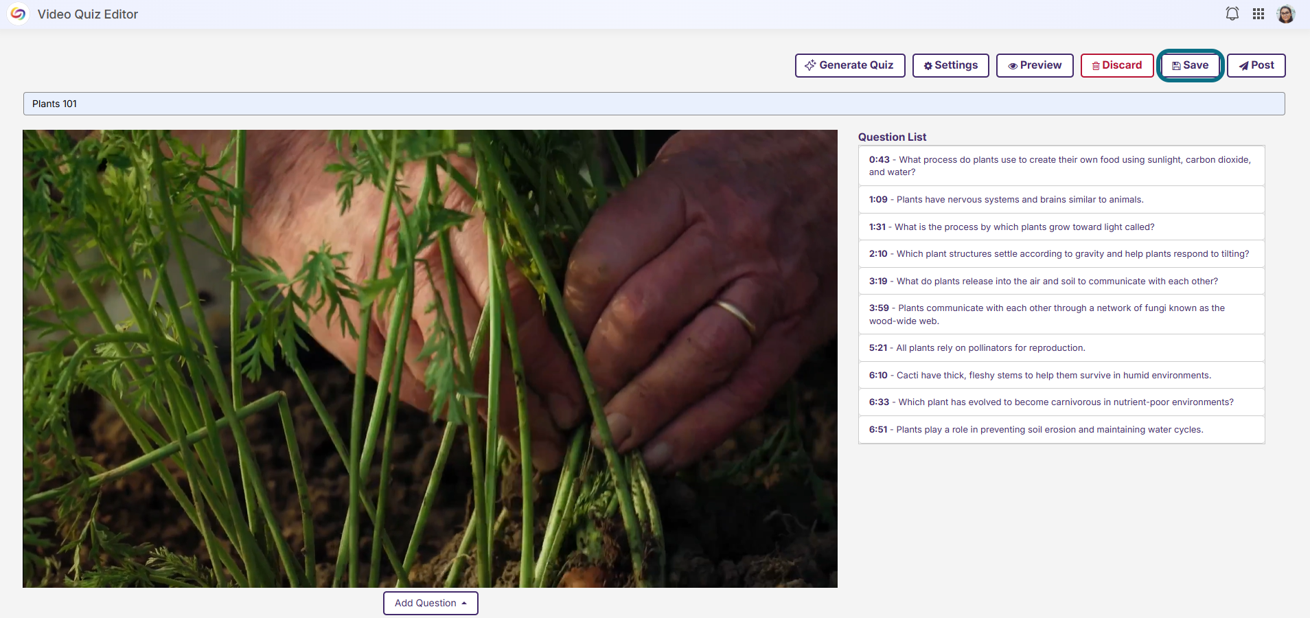 Plateforme vidéo : enregistrer la question du quiz