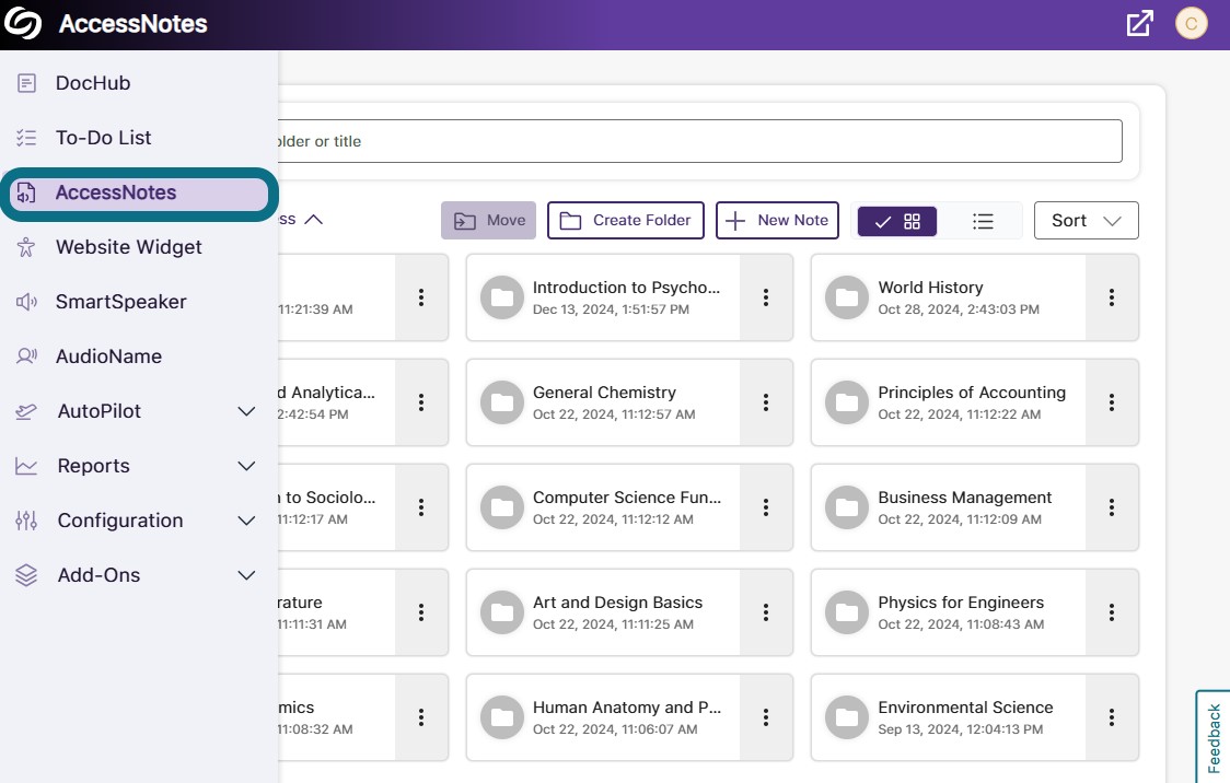 La page AccessNotes dans Panorama, avec l'option AccessNotes du menu de navigation latéral mise en évidence.