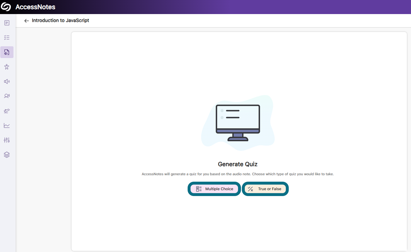 La page de création de quiz dans AccessNotes avec les options Choix multiples et Vrai ou Faux mises en évidence.
