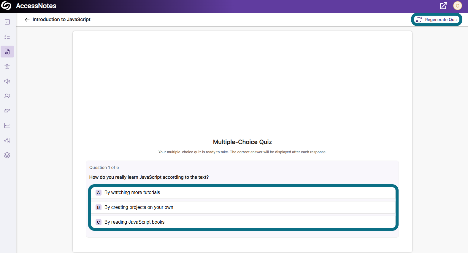 La page du quiz à choix multiples dans AccessNotes avec les options de réponse et le bouton Régénérer le quiz mis en évidence.