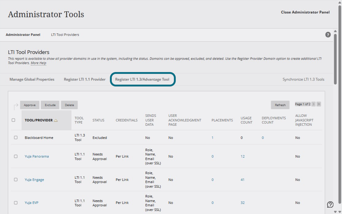 Enregistrer l'outil LTI 1.3/Advantage est sélectionné dans la page Outils d'administration.