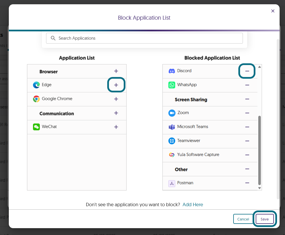 Les icônes Plus et Moins des applications dans la liste des applications bloquées.