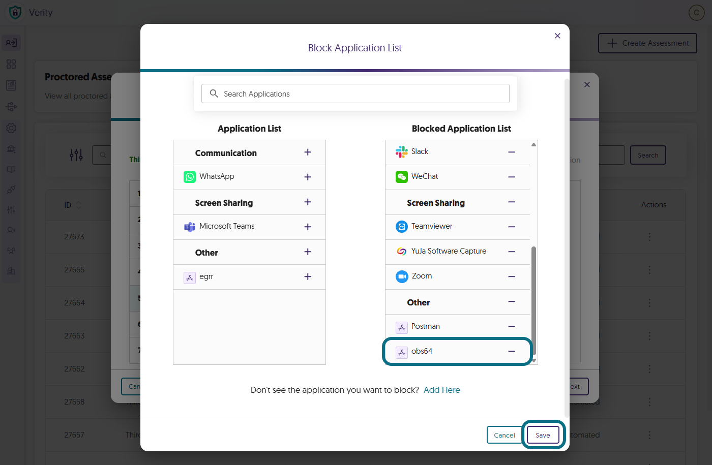 L'application ajoutée et le bouton Sauvegarder dans la fenêtre Liste des applications bloquées.
