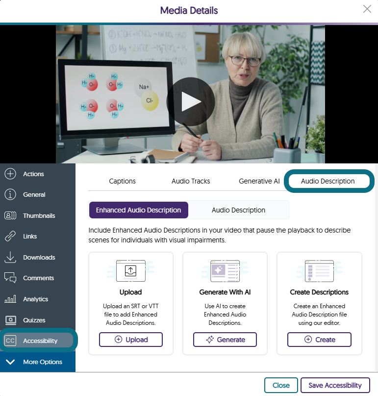Image montrant la fenêtre Détails sur les médias, avec le bouton Accessibilité et l'onglet Description audio mis en évidence.