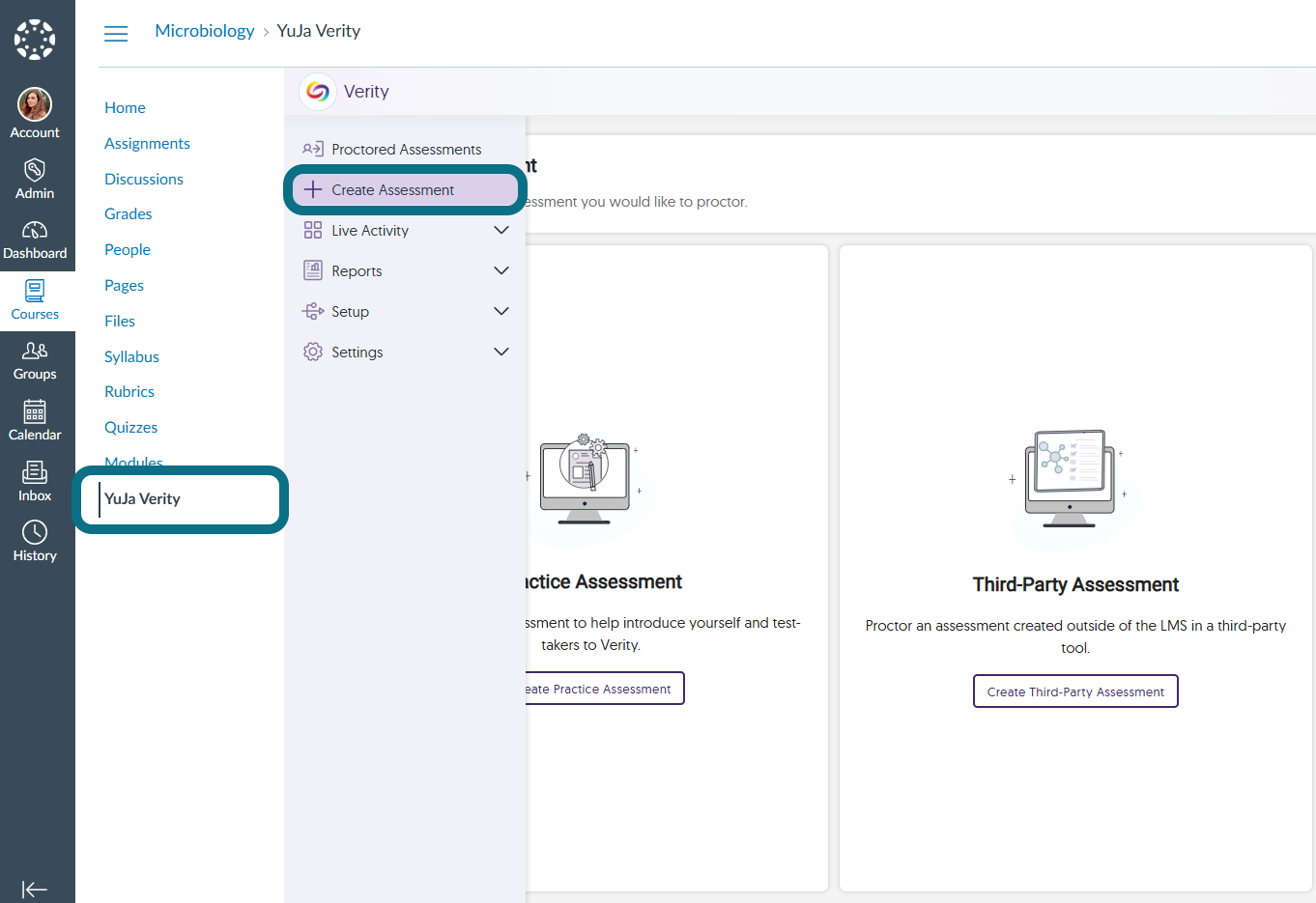 Image de Verity dans le LMS Canvas mettant en évidence l'élément de menu YuJa Verity et le bouton Créer une évaluation.