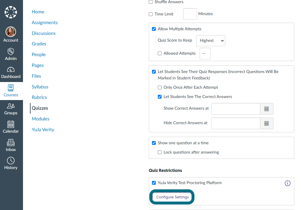 Image de la page Quiz dans Canvas mettant en évidence l'option Configurer les paramètres.