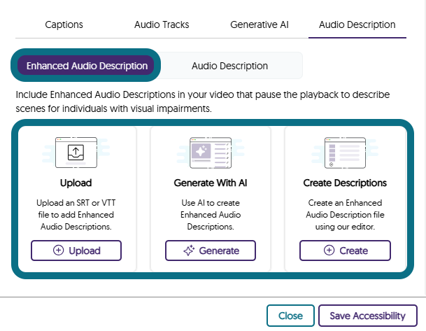 Image montrant la navigation vers les options de description audio améliorée dans la fenêtre Détails sur les médias.