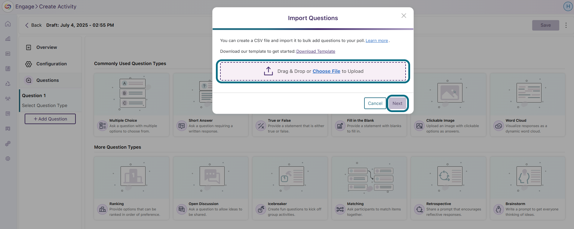 Choisir un fichier, puis cliquer sur Suivant dans Engage