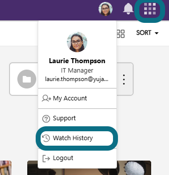 Image du menu déroulant du profil dans la plateforme vidéo, avec le bouton Historique de visionnement mis en évidence.