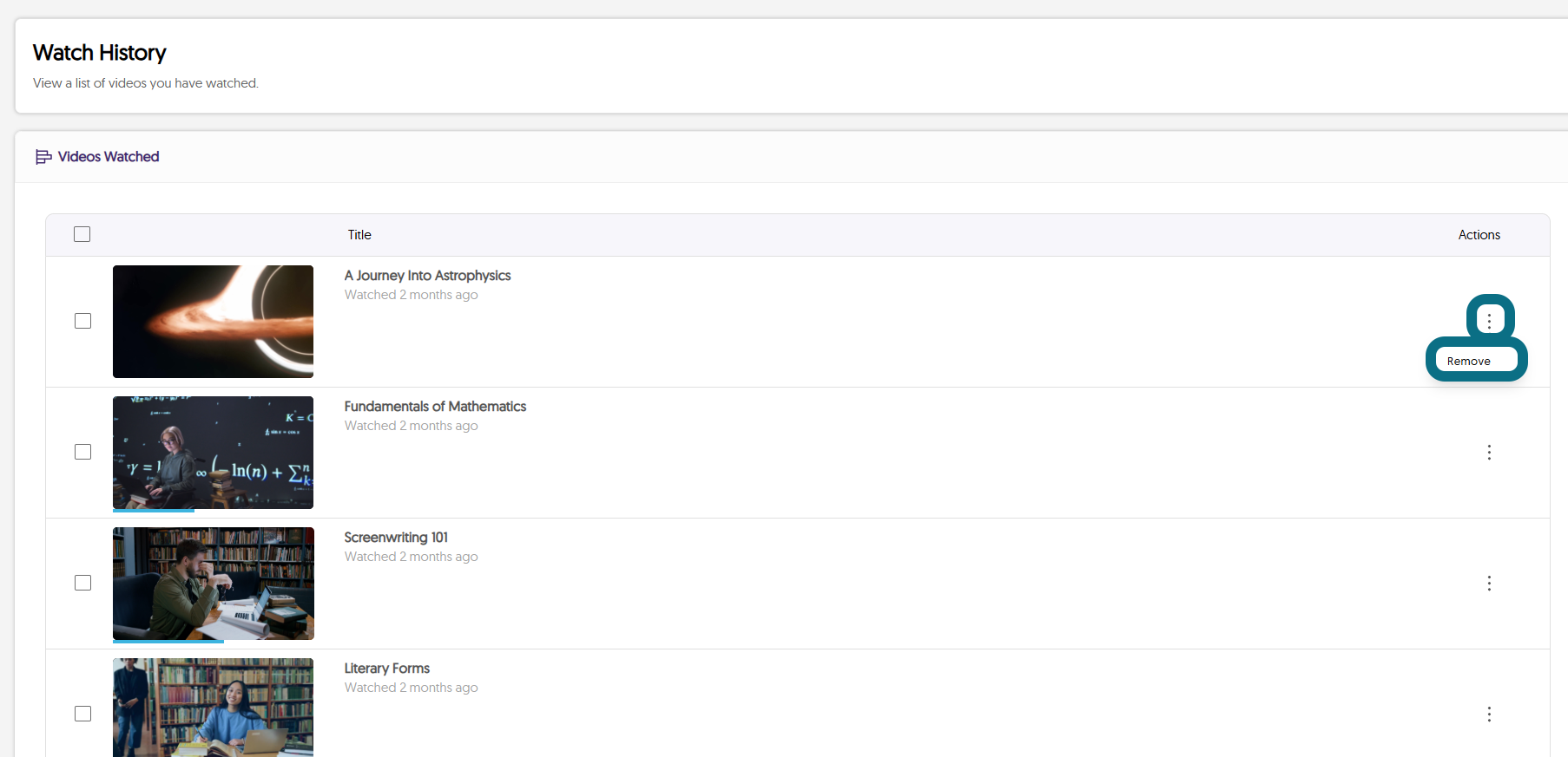 Image de la page Historique de visionnement de la plateforme vidéo.