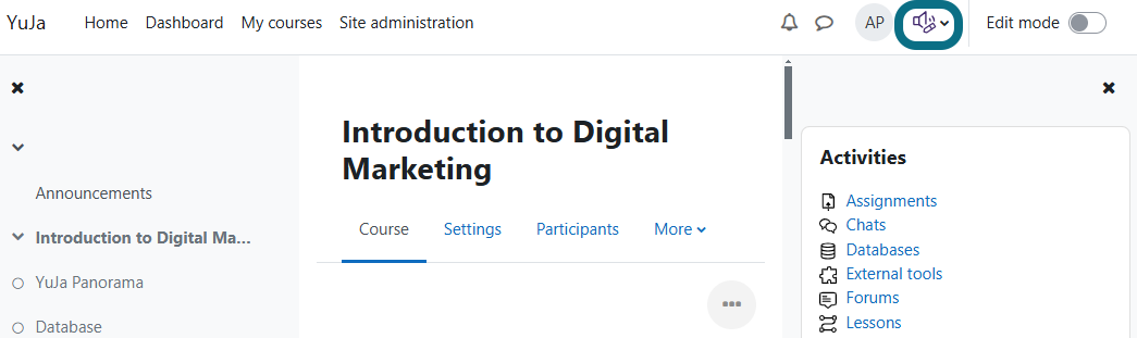 Vue du panneau latéral dans Moodle, avec le widget AudioName mis en évidence à côté du nom d'utilisateur.