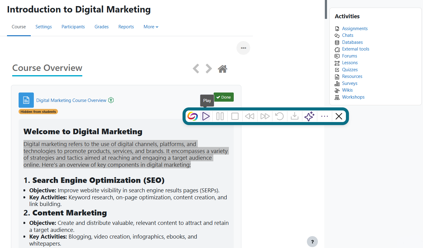 Vue de l'utilisation de SmartSpeaker dans Moodle, avec le bouton Lecture mis en évidence.