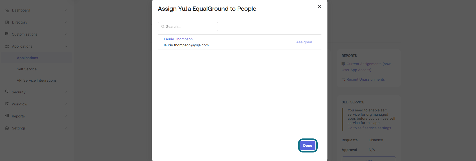 Page des applications Okta avec le bouton Terminé entouré