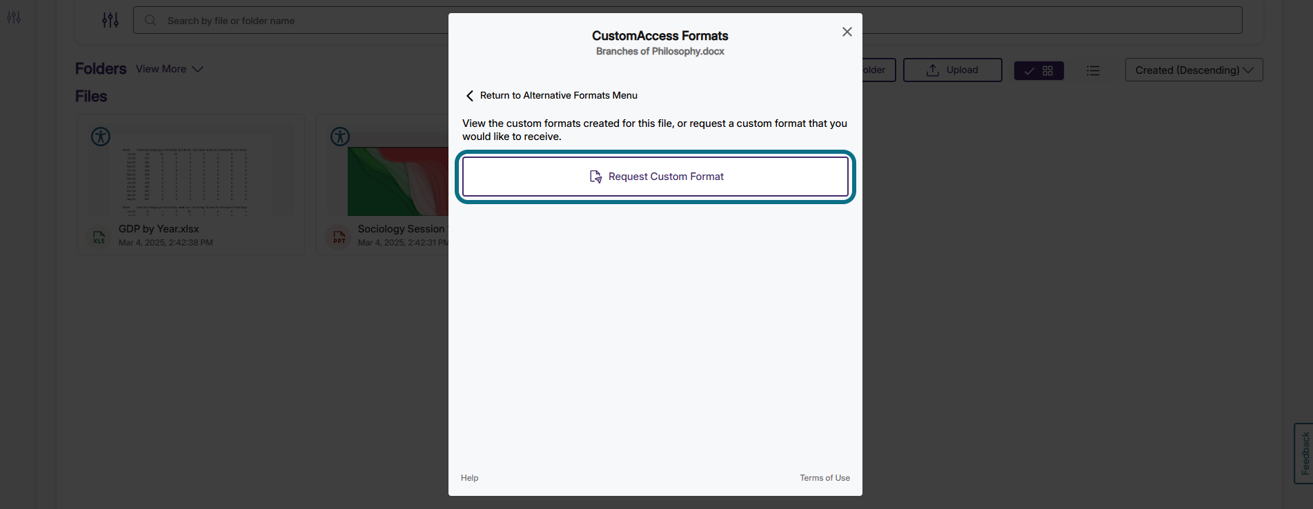Menu Formats CustomAccess de Panorama avec le bouton Demander un format personnalisé entouré
