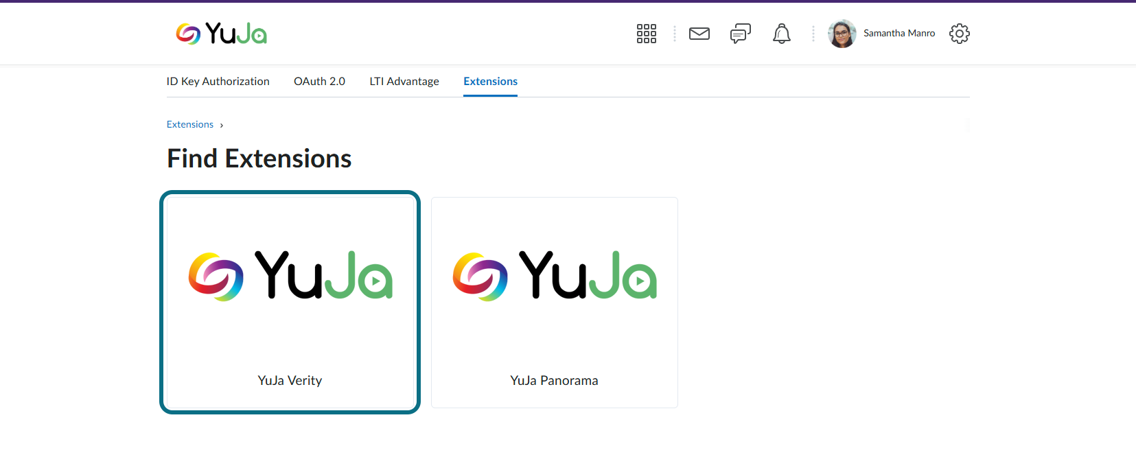 L'extension YuJa Verity est affichée sur la page Rechercher des extensions.