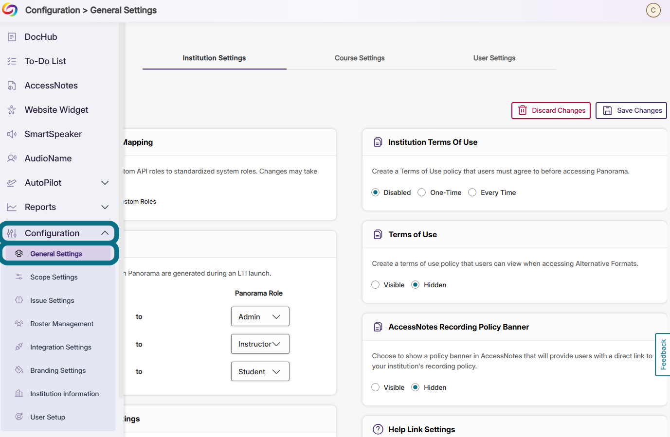 Image de la plateforme Panorama mettant en évidence les boutons Configuration et Paramètres généraux.