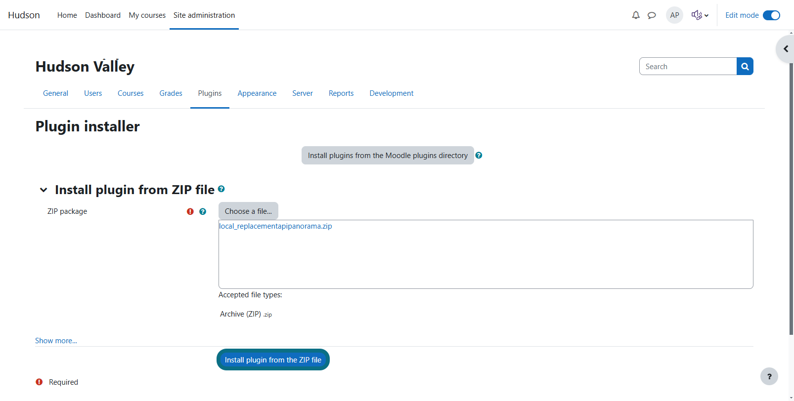 Le bouton Installer l'extension depuis le fichier ZIP est affiché.