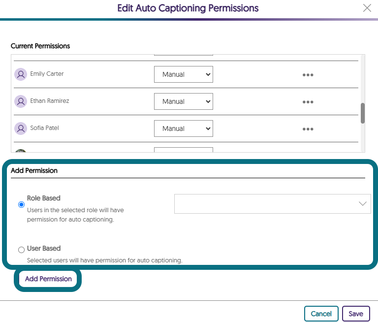 La fenêtre de modification des permissions de sous-titrage automatique, avec la section de sélection des permissions et les boutons Ajouter permission mis en évidence.
