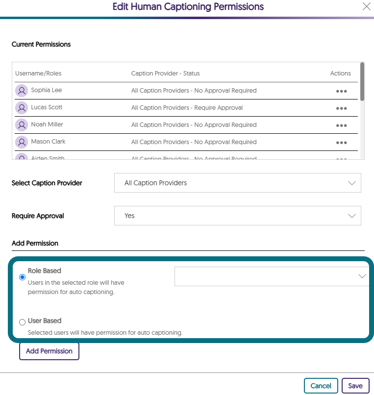 La fenêtre de modification des permissions de sous-titrage automatique, avec la section de sélection des permissions mise en évidence.