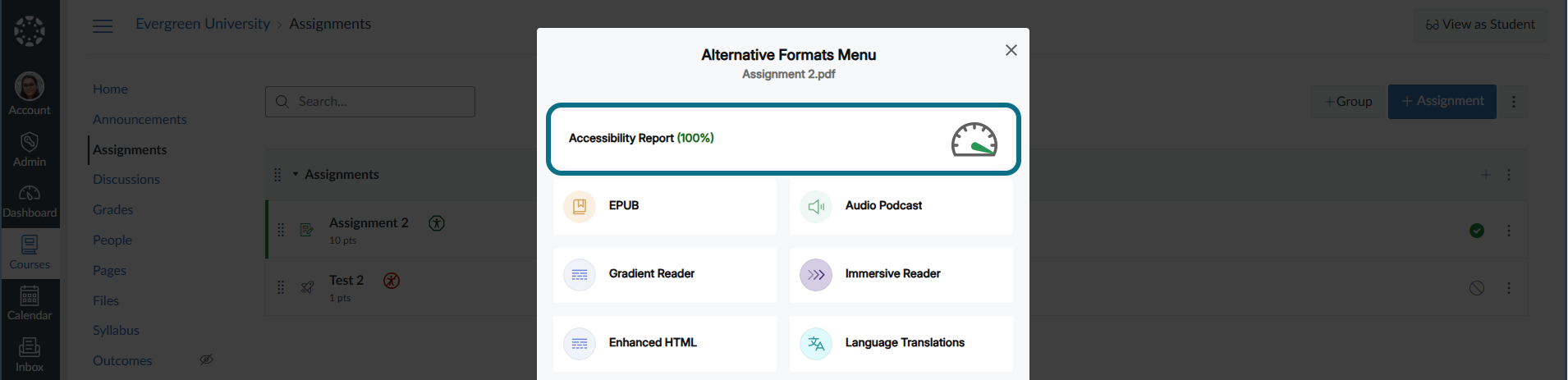 Devoir Canvas avec le menu des formats alternatifs et le bouton du rapport d'accessibilité encerclé