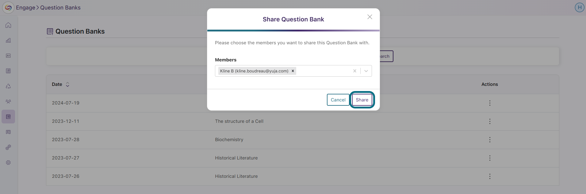 Partage de banques de questions avec des membres dans Engage