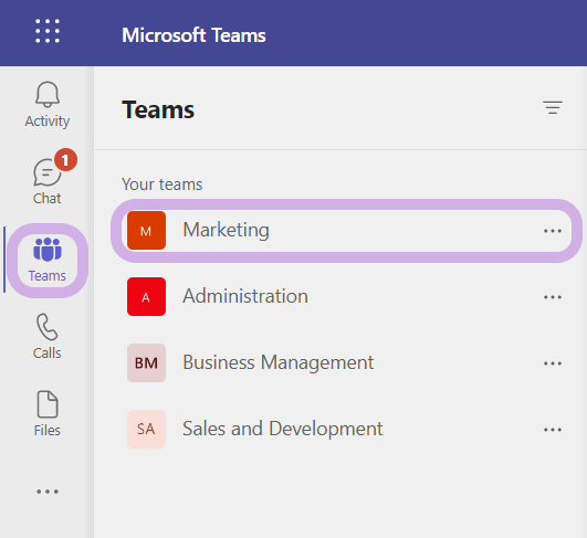 Application Microsoft Teams affichant l'onglet Équipes et une équipe en cours de sélection.