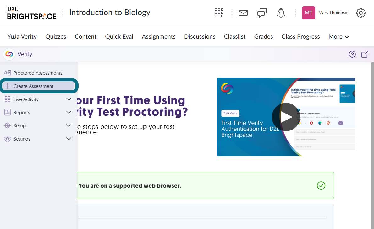 Image de Verity dans D2L Brightspace mettant en évidence le bouton Créer une évaluation.
